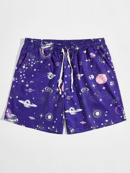 

romwe guys galaxy drawstring shorts 7'' j9he#, Black