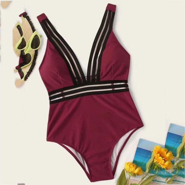 

one-piece suits women solid v neck halter bikini set padded bandeau one piece bodysuit female summer swimwear suit for 2021 fashion