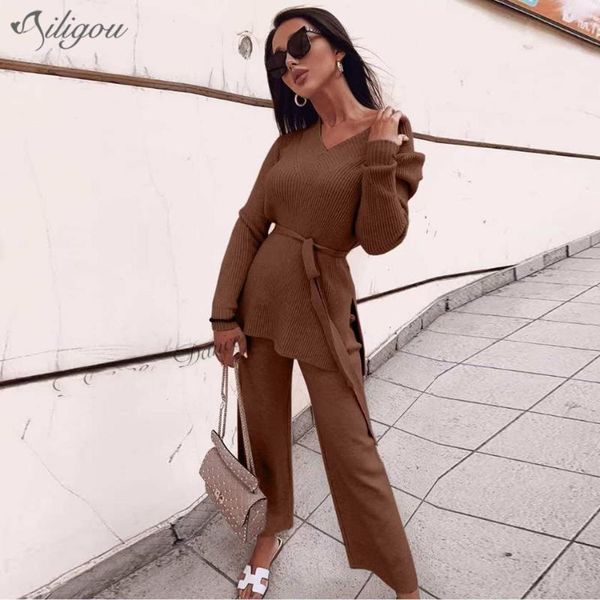 

women's tracksuits ailigou fashion winter v-neck belt knitted pullover two-piece sweater + high waist loose wide leg pants casual suit, Gray