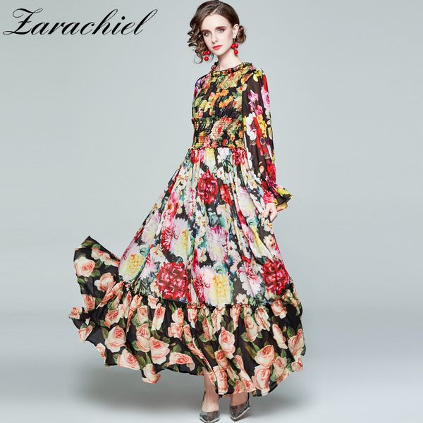 

autumn boho flower chiffon maxi women's flare sleeve multicolor floral print elastic waist elegant pleated long dress 210416, Black;gray