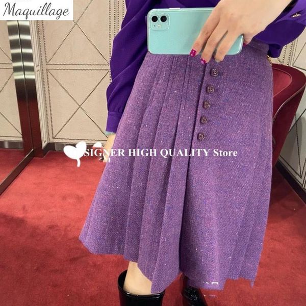 

luxury runway design purple tweed pleated skirts womens 2021 100% wool blends single breasted midi skirt, Black