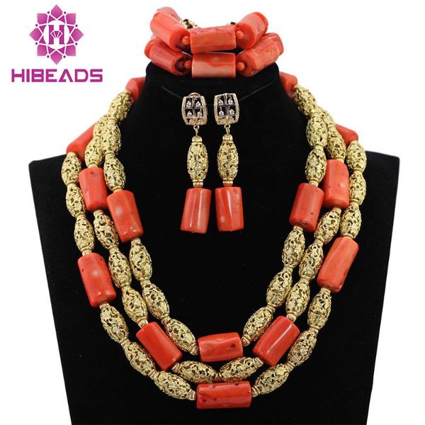 

earrings & necklace african coral bead bridal jewelry set for wedding party handmake nigerian traditional hx137, Silver