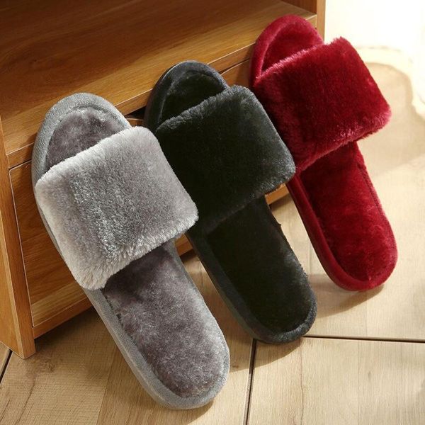 

slippers furry slides women home winter warm shoes ladies slip on flats female faux fur 2021 fashion wholesale, Black