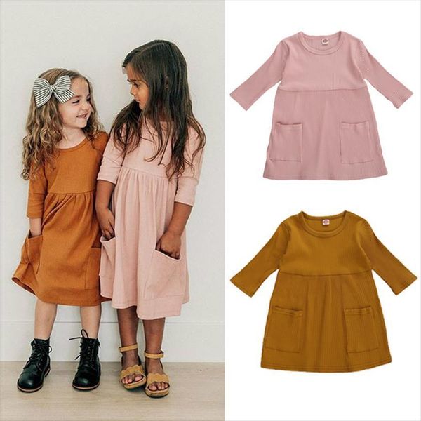 

1 5y infant baby girl dresses girls autumn knit long sleeve solid pocket knee length a line ribbed 4 colors, Red;yellow
