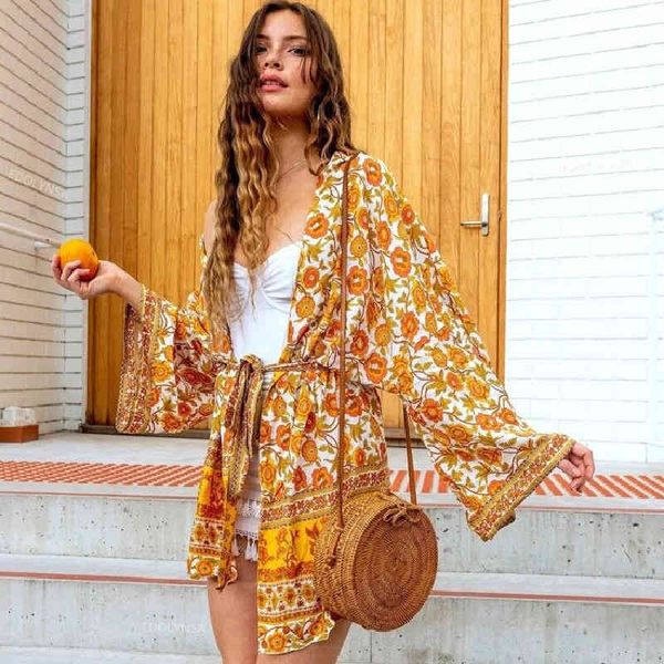 

orange cotton tunic long kimono bohemian printed self belted wrap dress for women summer beach wear swim suit cover up a560 210420, White;black
