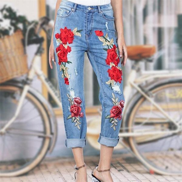 

women's jeans hole for women 2021 loose elasticity woman rose embroidery applique office denim pants female femme trousers, Blue