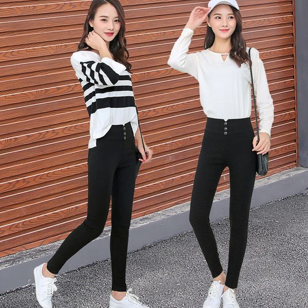 

women's pants & capris spring black high waist stretch leggings bodycon buttons trousers for women autumn winter velvet xxxl bi3y, Black;white