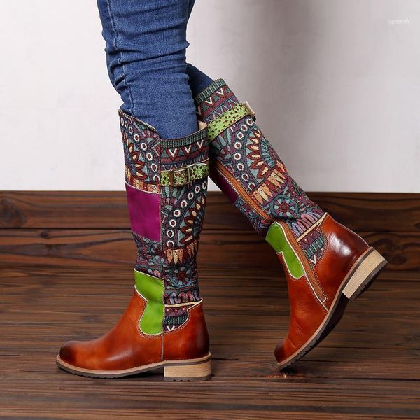 

boots fashion knee high women genuine leather printed flower winter shoes buckle zip block heels botas big size11, Black