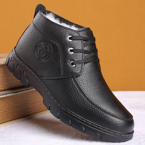 

winter plush warm medium help men's boots worker martin high british style versatile leather, Black