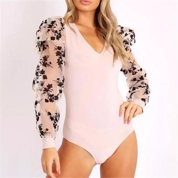 

women's jumpsuits & rompers 2021 lace puff sleeve bodysuit spring autumn floral vintage bodycon jumpsuit skinny mesh bodysuits, Black;white