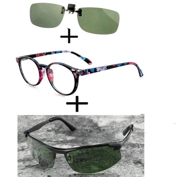 

sunglasses 3pcs retro round light reading glasses for men women + polarized alloy sports driving clip, White;black