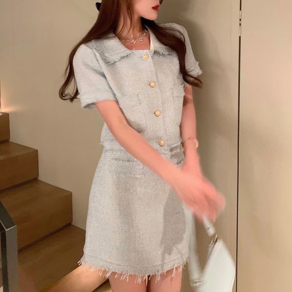 

korea two piece set women elegant fashion tweed peter pan collar short sleeve crop + bodycon tassel mini skirt suit 210518, White