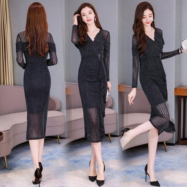

casual dresses 2021 autumn spring women bodycon lady v-neck long sleeve elastic party, Black;gray