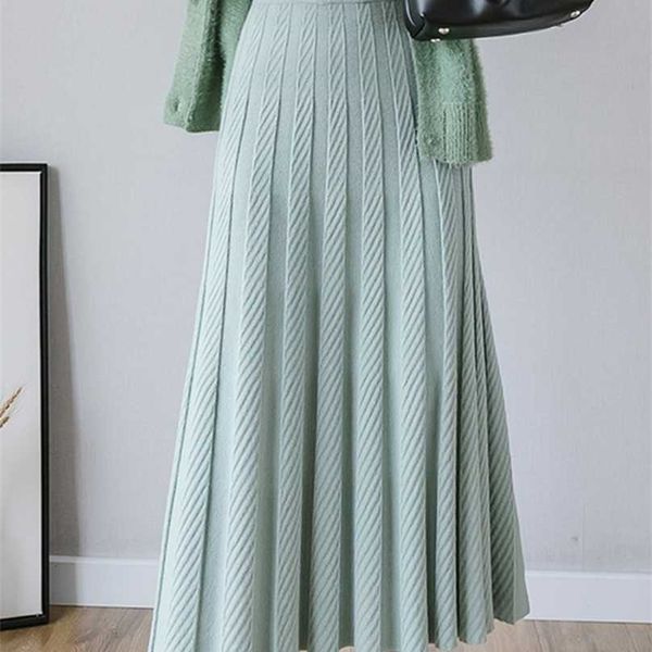 

surmiitro autumn winter fashion knit midi long pleated skirt women korean style mid-length high waist a line female 211109, Black
