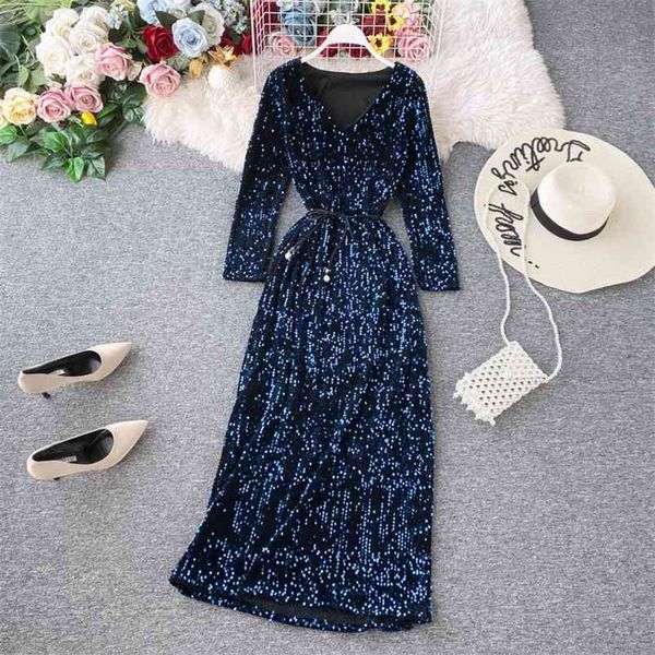 

women's party dress long-sleeved sequin temperament banquet host elegant v-neck waist lacing y454 210507, Black;gray