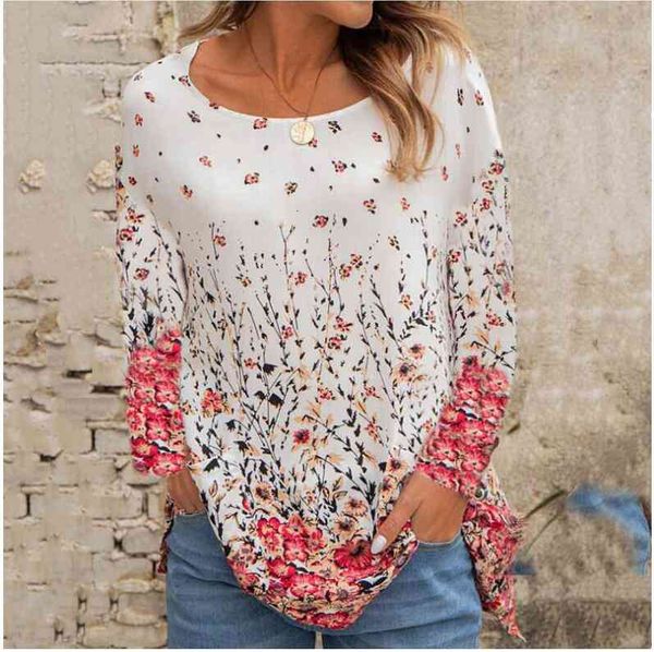 

autumn winter casual tee long sleeve women blouse shirts flower plus size pullover female round neck loose shirt, White