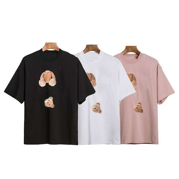 

trendy bear pink short sleeve double yarn casual loose letter print t-shirt for men and women bbshopping, White