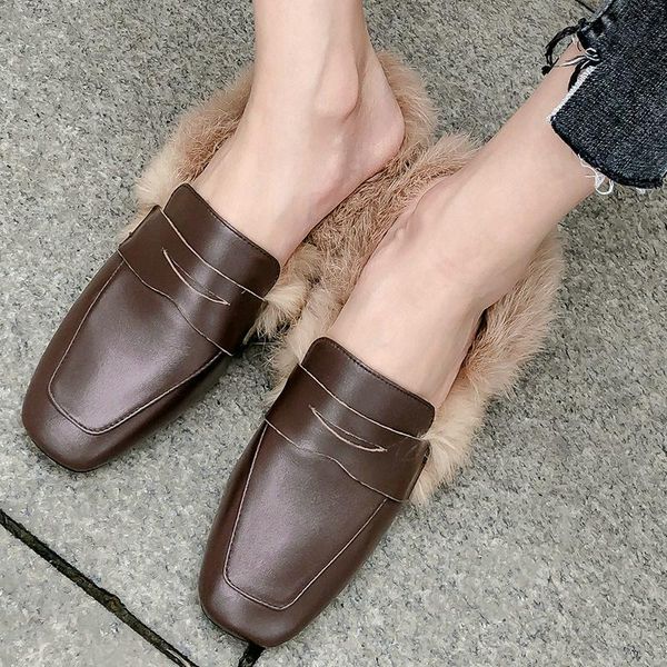 

slippers eshtonshero winter shoes woman pu women square high heels slip on toe fur ladies wedding size 3-9, Black