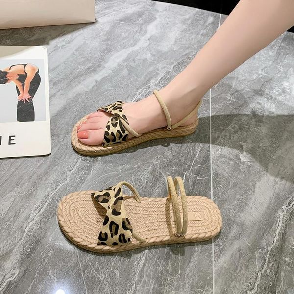 

sandals 2021 summer women retro braided roman female zebra leopard student fisherman shoes flat beach slippers for girls, Black