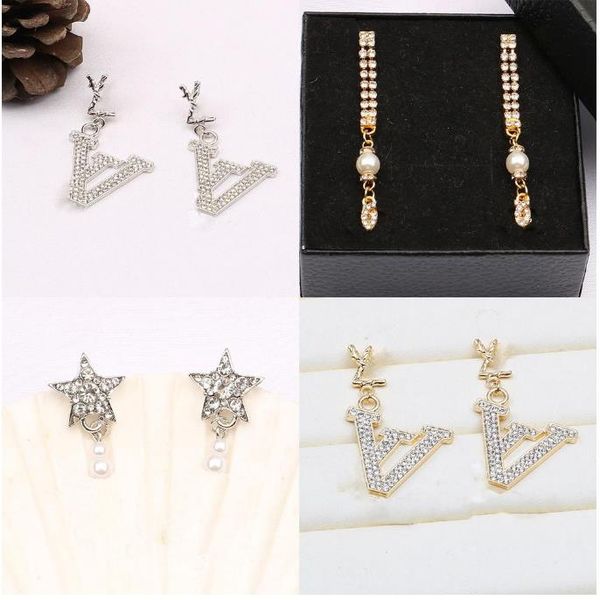 

20color 18k gold plated luxury brand designers letters print stud hoop geometric women tassel crystal rhinestone pearl earring wedding party, Golden