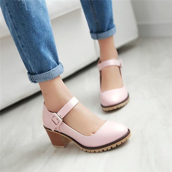 

dress shoes pxelena women round toe spring pumps chunky high heels mary jane causal lady thick white beige black 34-43