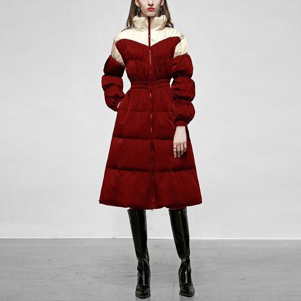 

women's trench coats down winter coat for women fashion color contrast waist-tight pleating slimming long white duck windbreaker street, Tan;black