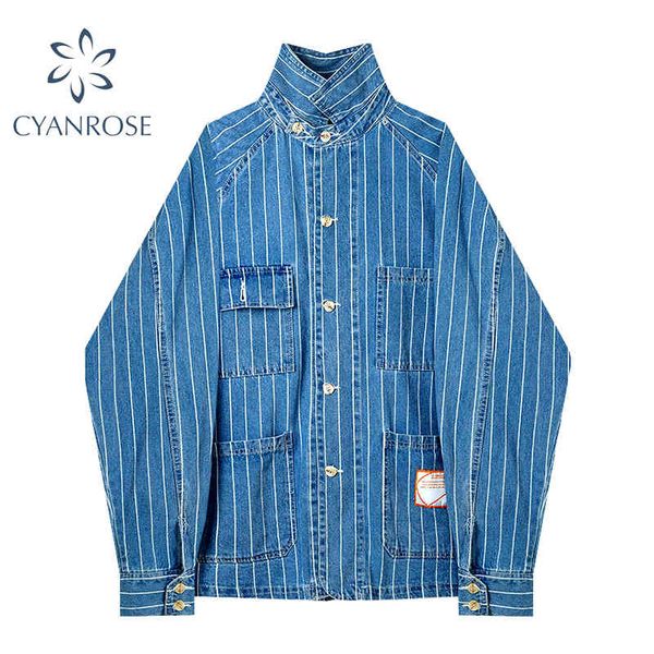 

striped denim shirts coat women long sleeve cardigan pocket japanese style harajuku bf fashion jacket loose cowboy outer 210417, Black;brown