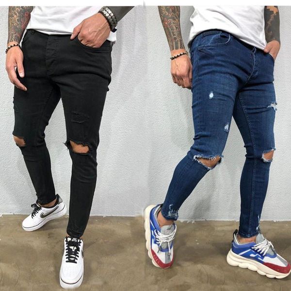 

men's jeans men skinny knee ripped black blue hip hop high street style elasticity slim frayed casual mens trousers biker pants s-4xl