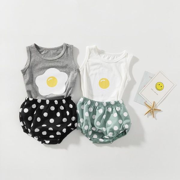 

rompers baby girl clothes set summer cotton sleeveless cute eff print t-shirt + polka dots shorts 2 pcs born casual outfits, Blue