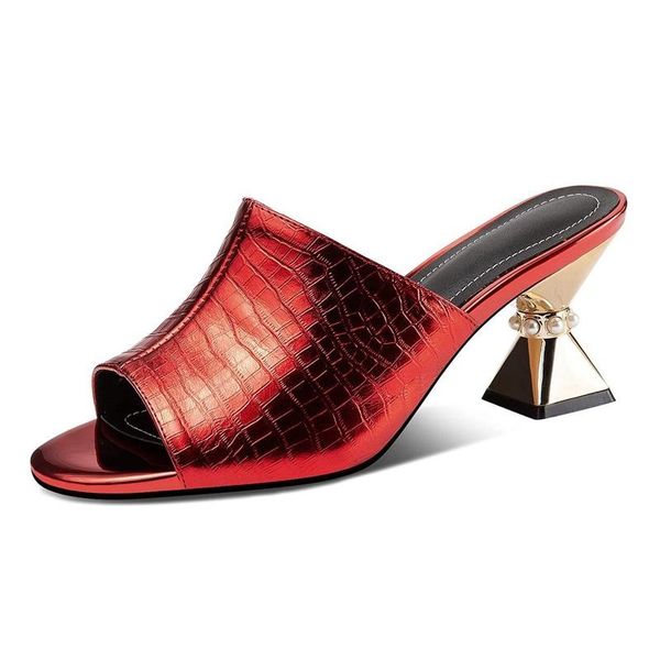 

genuine leather round toepeep toe strange style solid pearl noble shiny mules beauty lady mature sandals women l82, Black