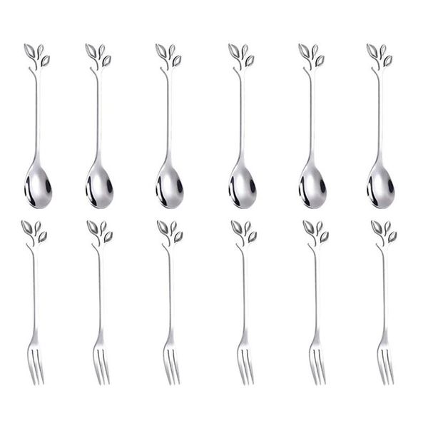 

12pcs stainless steel silver leaf coffee cake spoon fork-creative tableware dessert spoons, stirring, mixing dinnerware sets