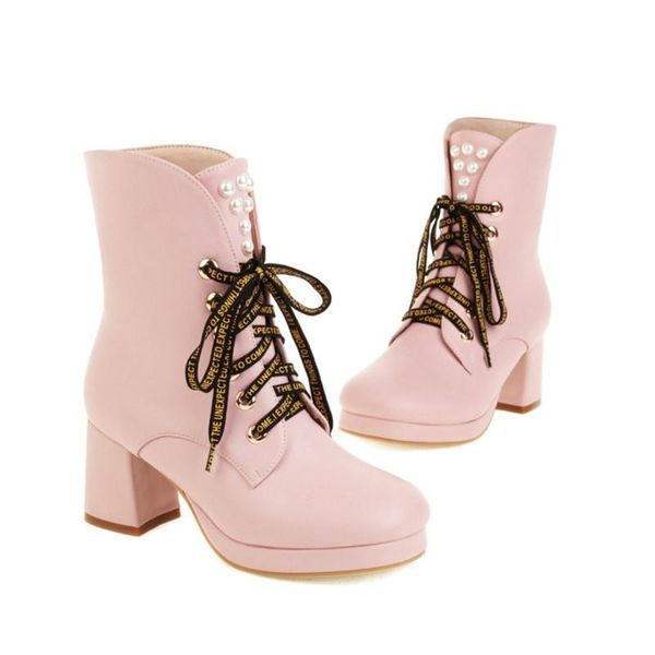 

boots leshion of chanmeb big plus women round toe pearls ankle beige yellow ladies square block high heels short pink blue, Black