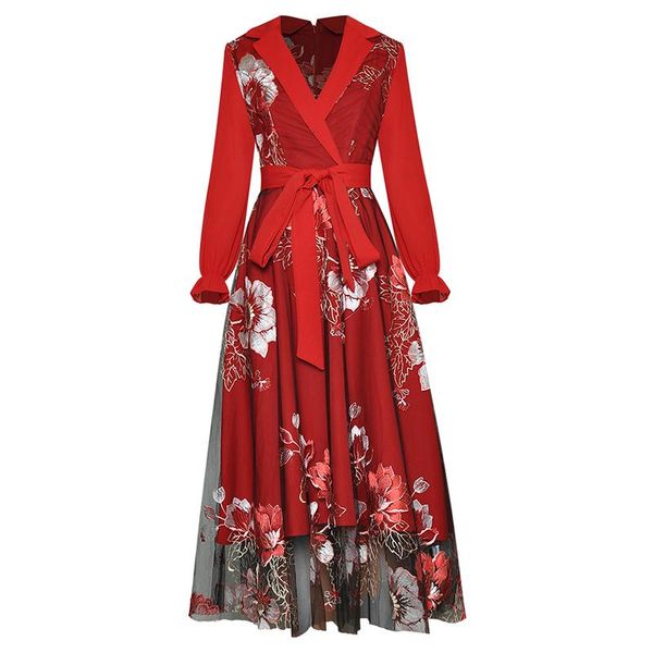 

casual dresses 2021 est runway dress women's long sleeve notched collar gauze embroidery, Black;gray