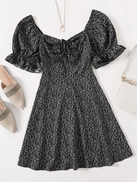 

plus puff sleeve drawstring allover print milkmaid dress l1hx#, Black