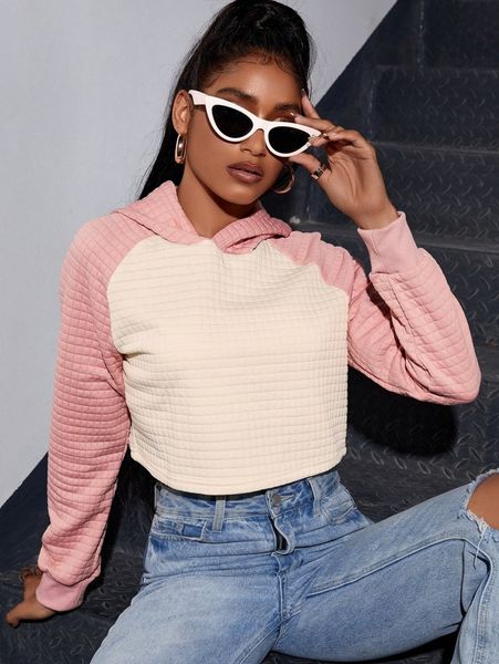 

raglan sleeve two tone crop hoodie 27vq#, White;black