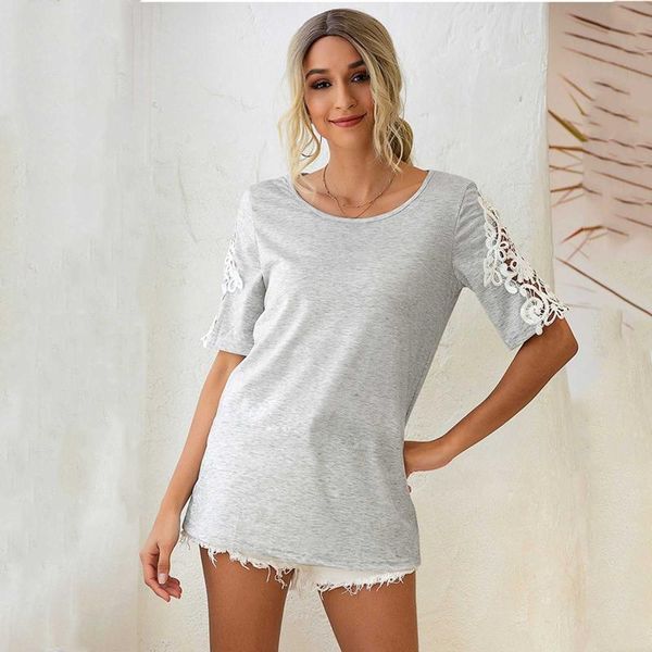 

women's blouses & shirts women summer blouse lace hollow short sleeve o-neck shirt solid color casual 2021 camisas de mujer, White