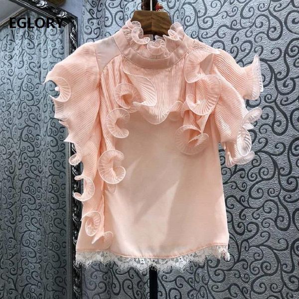 

summer fashion women pleated ruffle deco short sleeve casual pink red black ladies cotton blouses women's & shirts, White