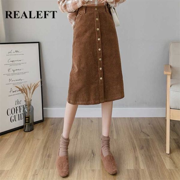 

realeft winter corduroy women's skirts vintage high waist button fashion office lady casual slim long skirt female 211214, Black