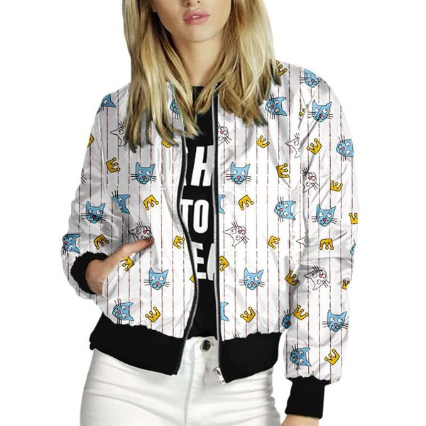 

women's jackets baseball uniform stand-up collar short slim coat cartoon cat print spring autumn veste oversized jacket, Black;brown
