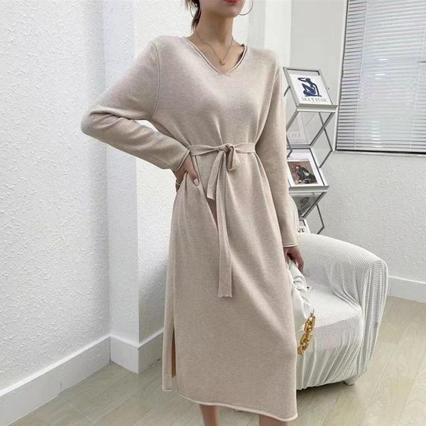 

casual dresses korean sweater dress women jumper 2021 thick solid woman winter knitted warm pollover belt high waist knitwear, Black;gray