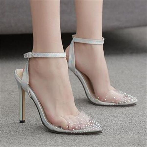 

women sandals pvc buckle strap 11 cm thin heels high pointed toe shallow rhinestones sandal for shoes size 35-42, Black