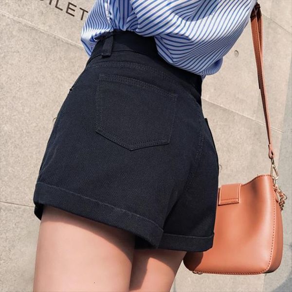 

high waist black denim shorts womens jeans summer student curling loose slimming a line wide leg pants women, Blue