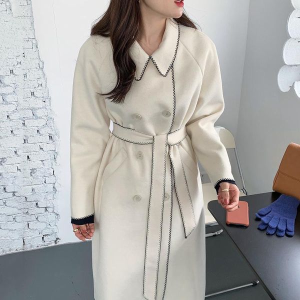 

women's wool & blends [ewq] 2021 korean chic autumn winter french mantel contrast black lace-up waist mid-length double-sided woolen co
