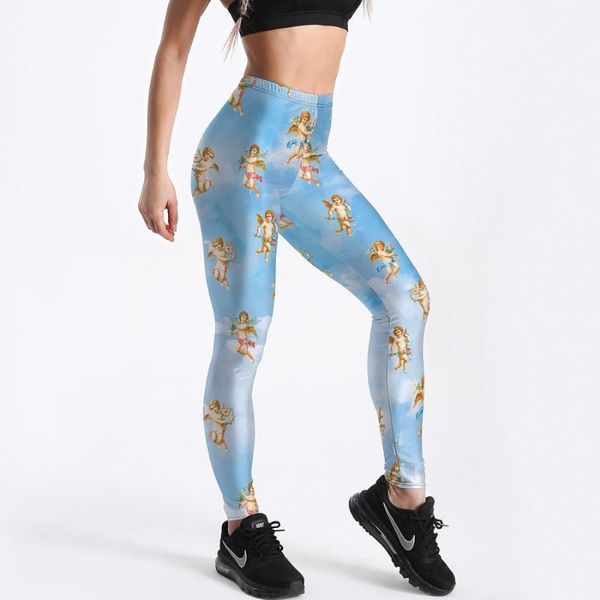 

women's leggings 12% spandex stretch angel doll praying love blue print pants gym trousers, Black