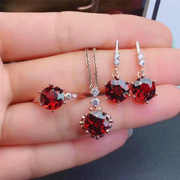 

earrings & necklace luxury bridal jewelry sets elegant round red crystal set stud adjustable open rings for women, Silver