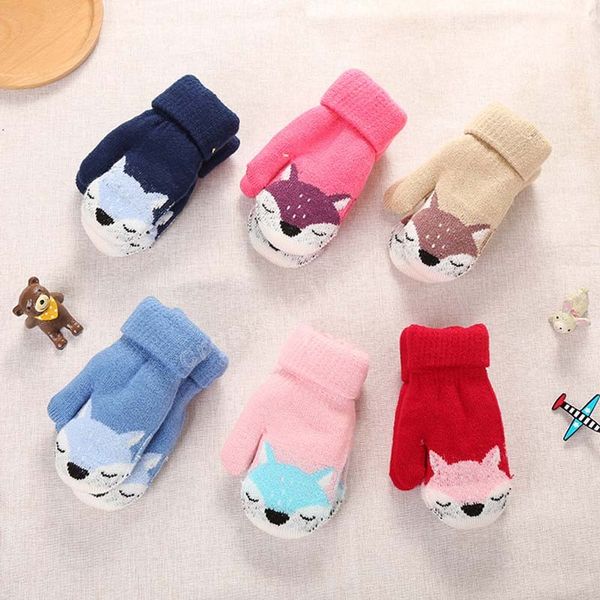 

cartoon fox kids gloves winter knitted wool baby mittens children thicken plush warm full gloves with ropes, White