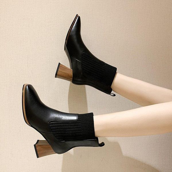 

boots women ankle high heels black knitting booties 2021 winter woman dress shoes square toe stretch botas retro mujer 8555l