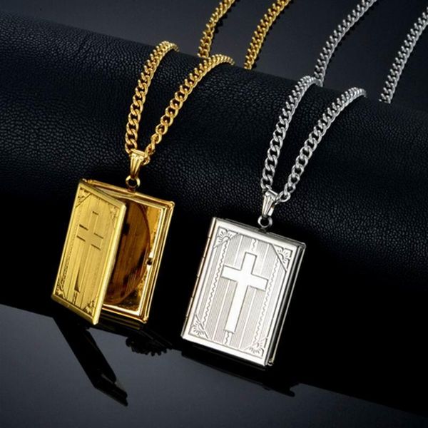 

pendant necklaces 2color religion cross bible book necklace christian choker gift women po frame link chain jewelry unisex, Silver