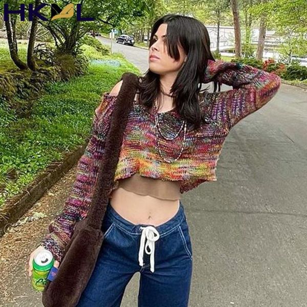 

women's sweaters women pullover v neck long sleeve knitted sweat shirts gradient print casual cropped ugly 2021, White;black