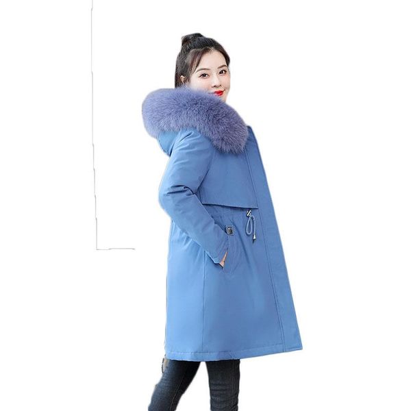 

women's down & parkas cotton jacket women winter 2021 big fur collar mid-length korean style pocket slim plush inner solid color coat t, Black